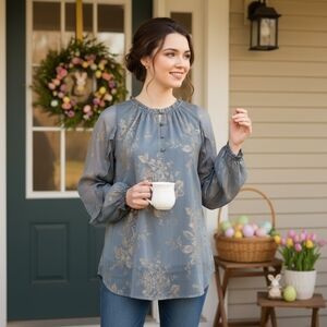 NWT LC Lauren Conrad Gold‑Floral Sheer‑Sleeve Peasant Blouse – Size S